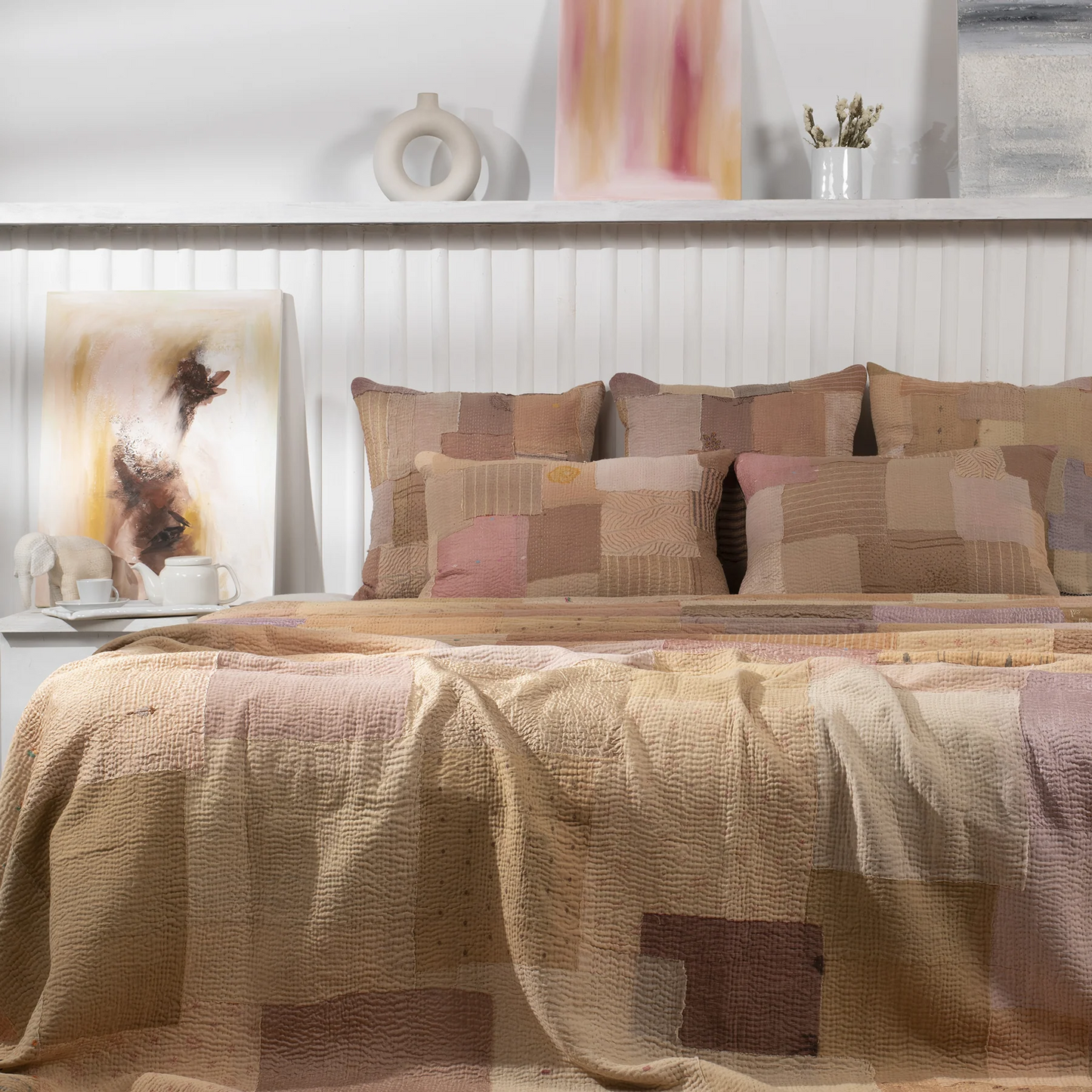 Mosaic Fray Handmade Vintage Kantha quilt -Mushroom