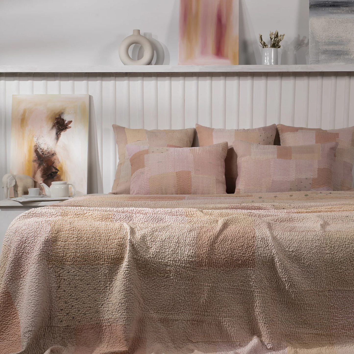 Mosaic Fray Handmade Vintage Kantha quilt -Shallot