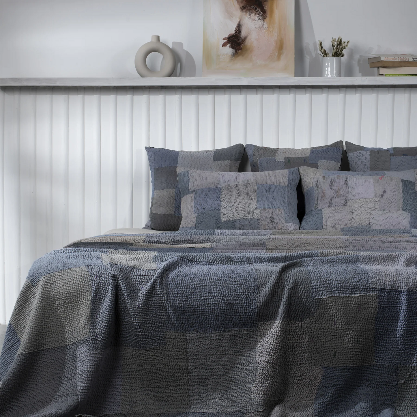 Mosaic Fray Patch Handmade Vintage Kantha Quilt -Hydrangea