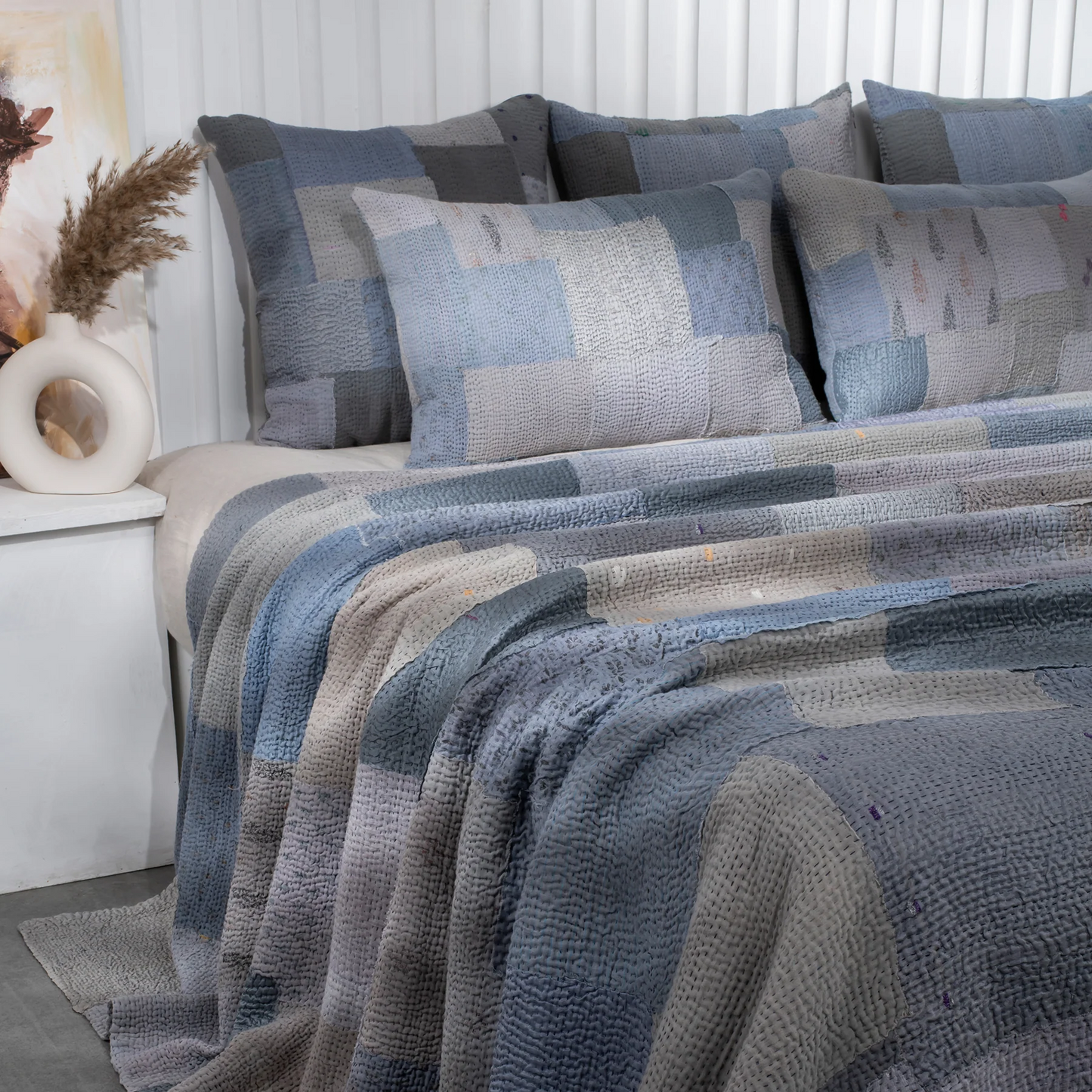 Mosaic Fray Patch Handmade Vintage Kantha Quilt -Hydrangea