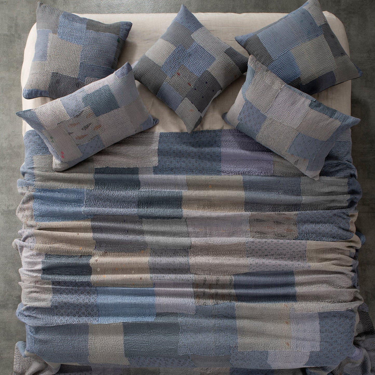 Mosaic Fray Patch Handmade Vintage Kantha Quilt -Hydrangea