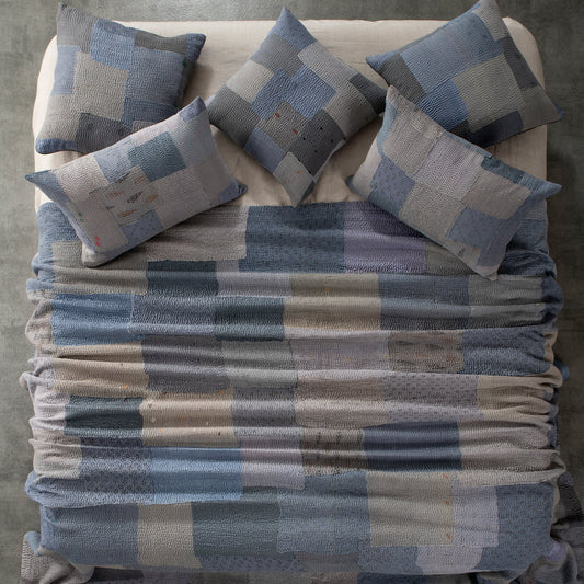 Mosaic Fray Patch Handmade Vintage Kantha Quilt -Hydrangea