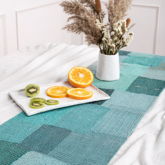 Mosaic Fray Patch vintage Kantha Runner - Cornflower