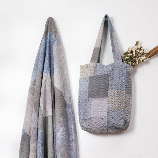 Mosaic Fray Handmade vintage Kantha Tote Bag- Hydrangea