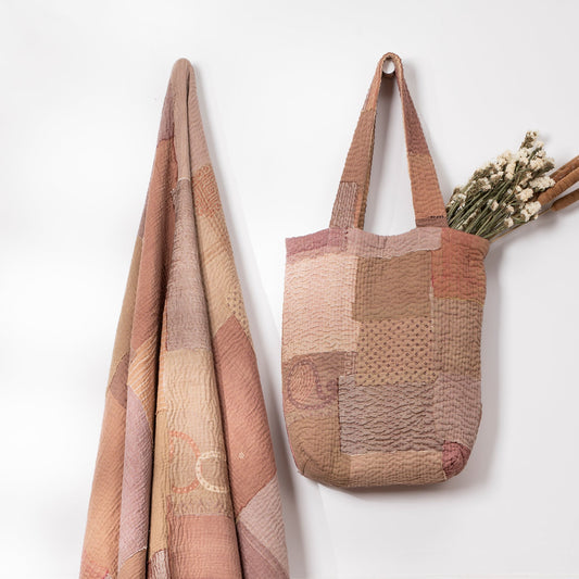 Mosaic Fray Handmade vintage Kantha Tote Bag- Mushroom