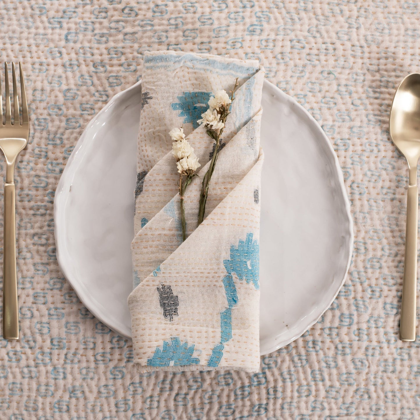 Mosaic Fray Handmade vintage Kantha Napkin - Cauliflower (Set of 2)