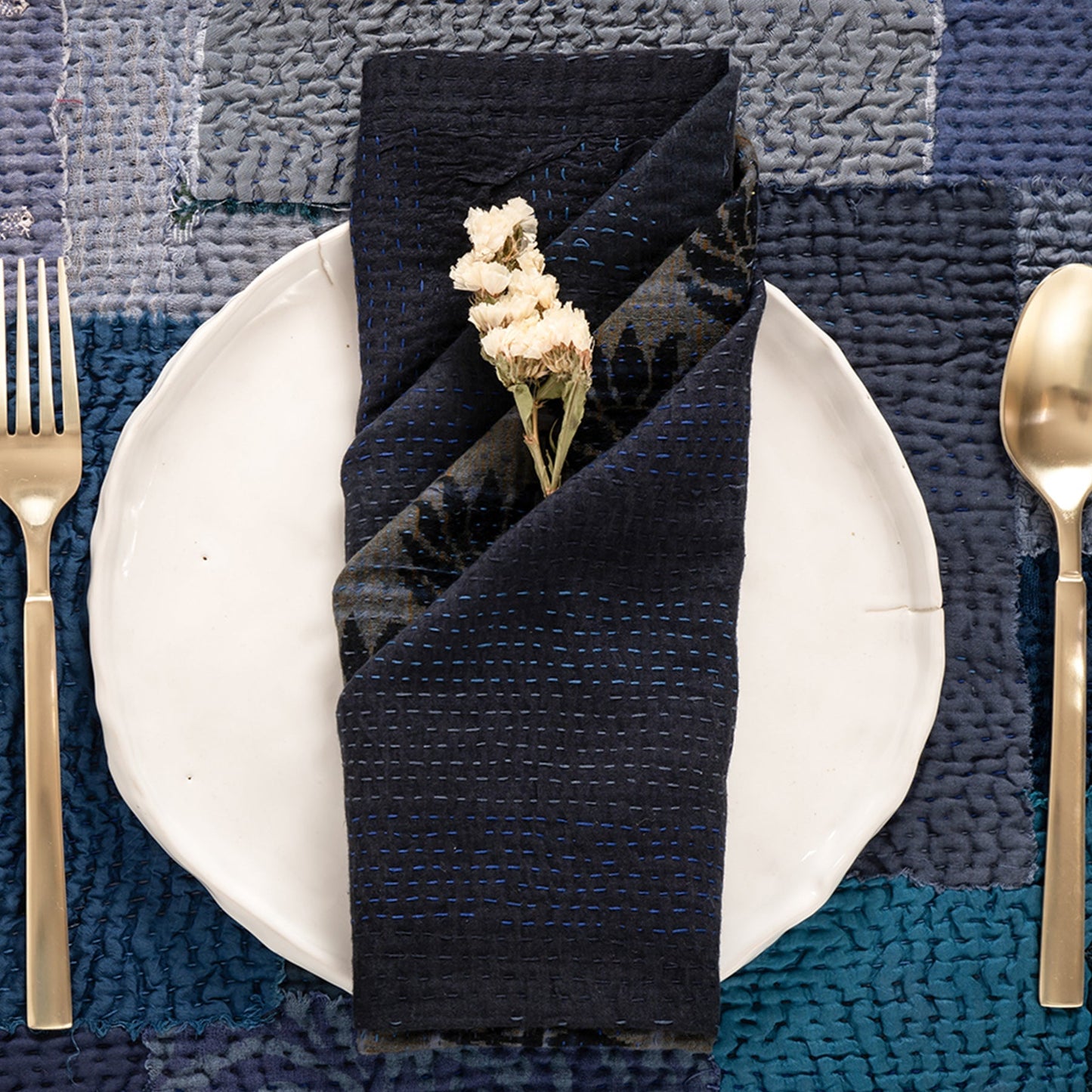 Landscape Fray Patch vintage Kantha Napkin - Navy (set of 2)