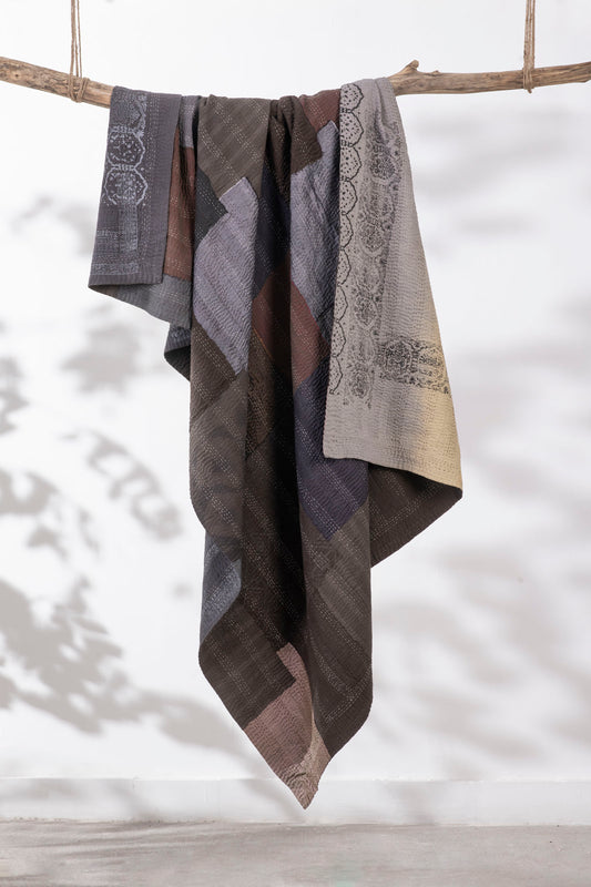 Ombre  Choclate with fray patch hade made vintage kantha throw