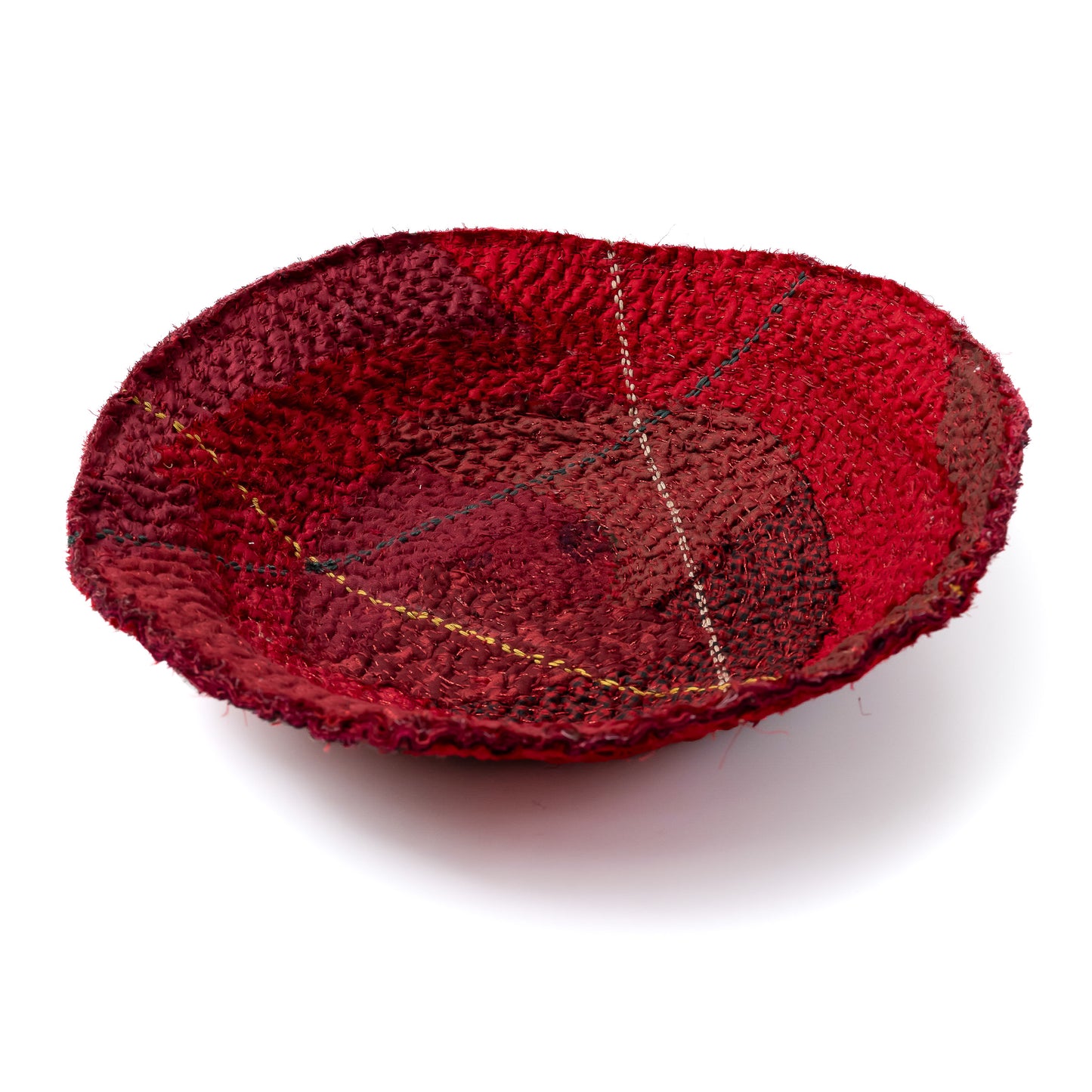 Handcrafted Kantha Rose Bowls (metallic kantha) -  Round Tray - Red