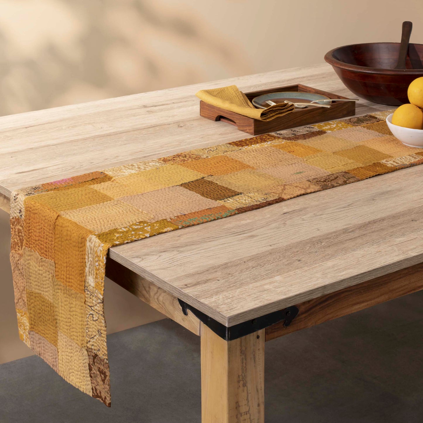 Printed Fray Patch Kantha Table Runner- Golden