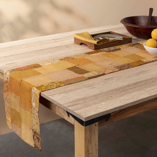Printed Fray Patch Kantha Table Runner- Golden