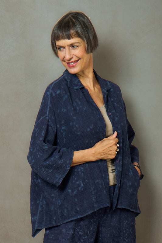 SAND SUN DYE RIPPLE KANTHA CROPPED TENT SHIRT - rs2596-blu -