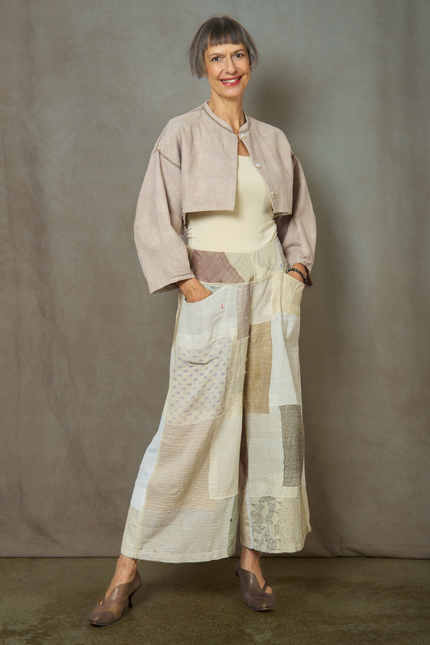 DUCK SUN DYE WITH PATCH KANTHA SLEEVE JACKET - us2090-ivy -