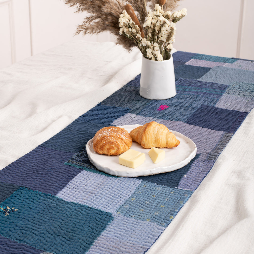 Landscape Fray Patch vintage Kantha Runner - Navy