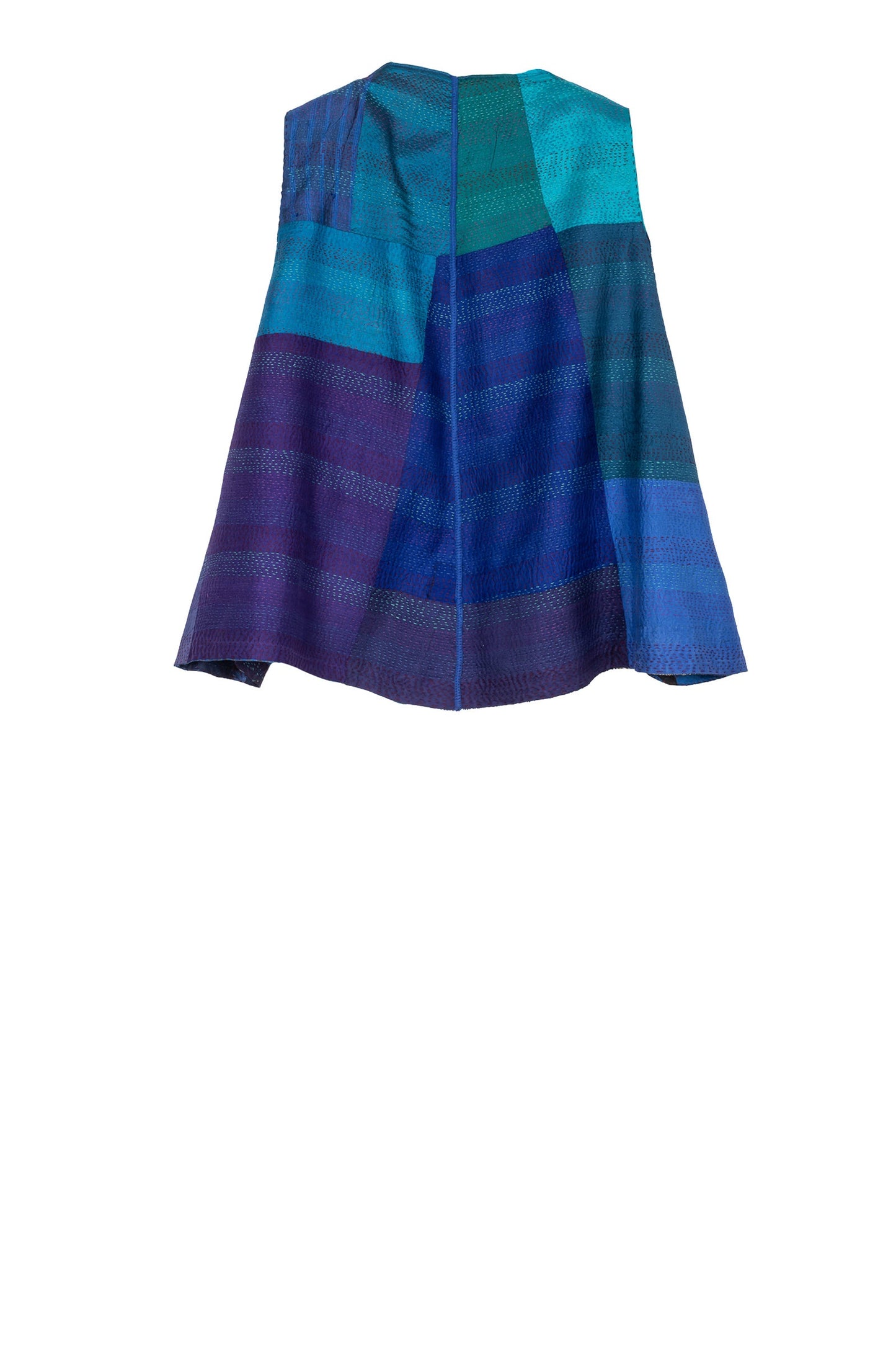 VINTAGE SILK PATCH KANTHA CIRCLE VEST - vp2226-blu -