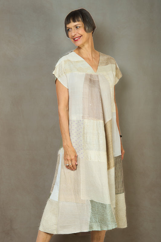 MOSAIC FRAY PATCH KANTHA V-NECK FRENCH SLV. DRESS - zb2467-ivy -