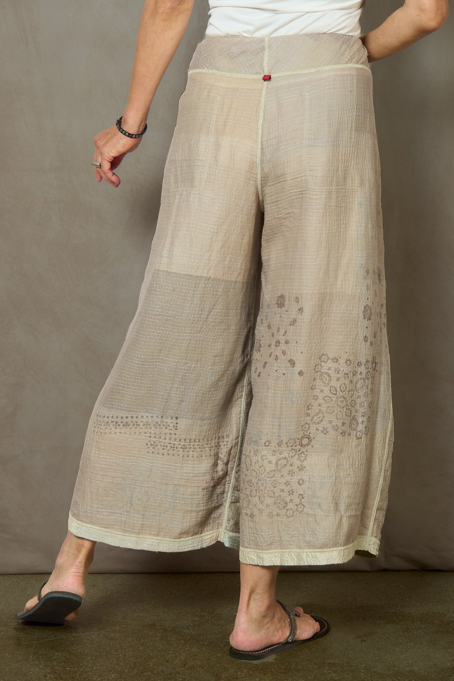 MOSAIC FRAY PATCH KANTHA MID RISE WIDE LEG PANTS - zb2665-ivy -