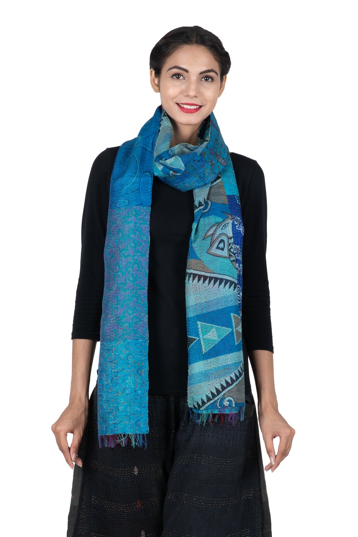 VINTAGE SILK KANTHA SCARF STANDARD - sv2801-blu -