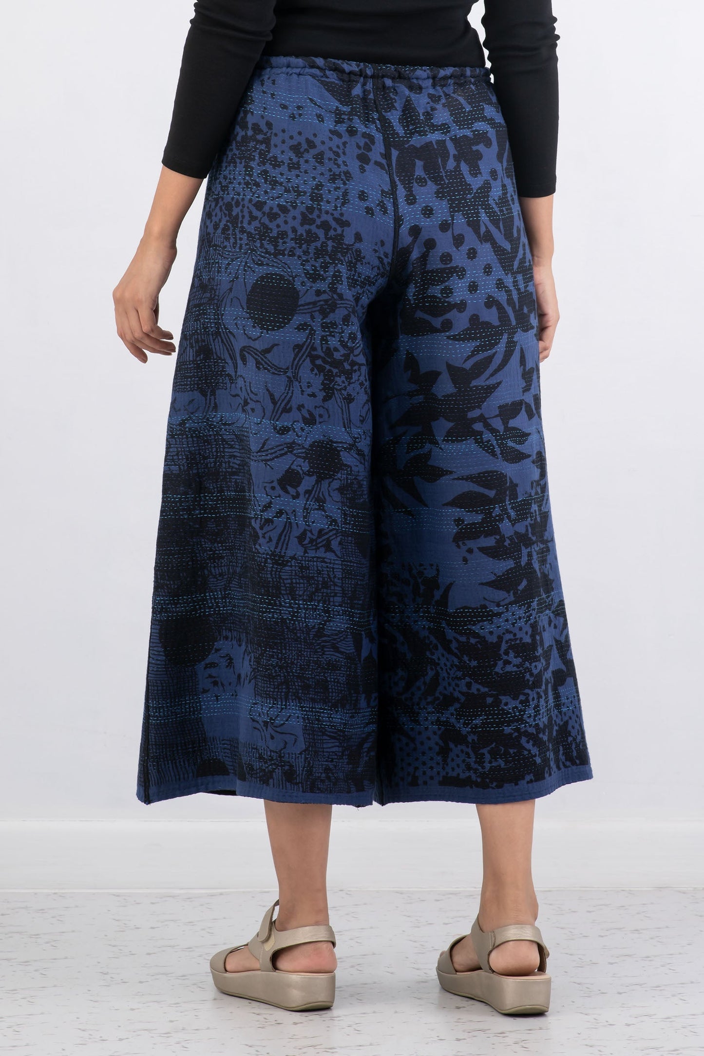 MONOTONE TWILIGHT PRINT KANTHA DRAW STRING GAUCHO - tp2627-nvy -