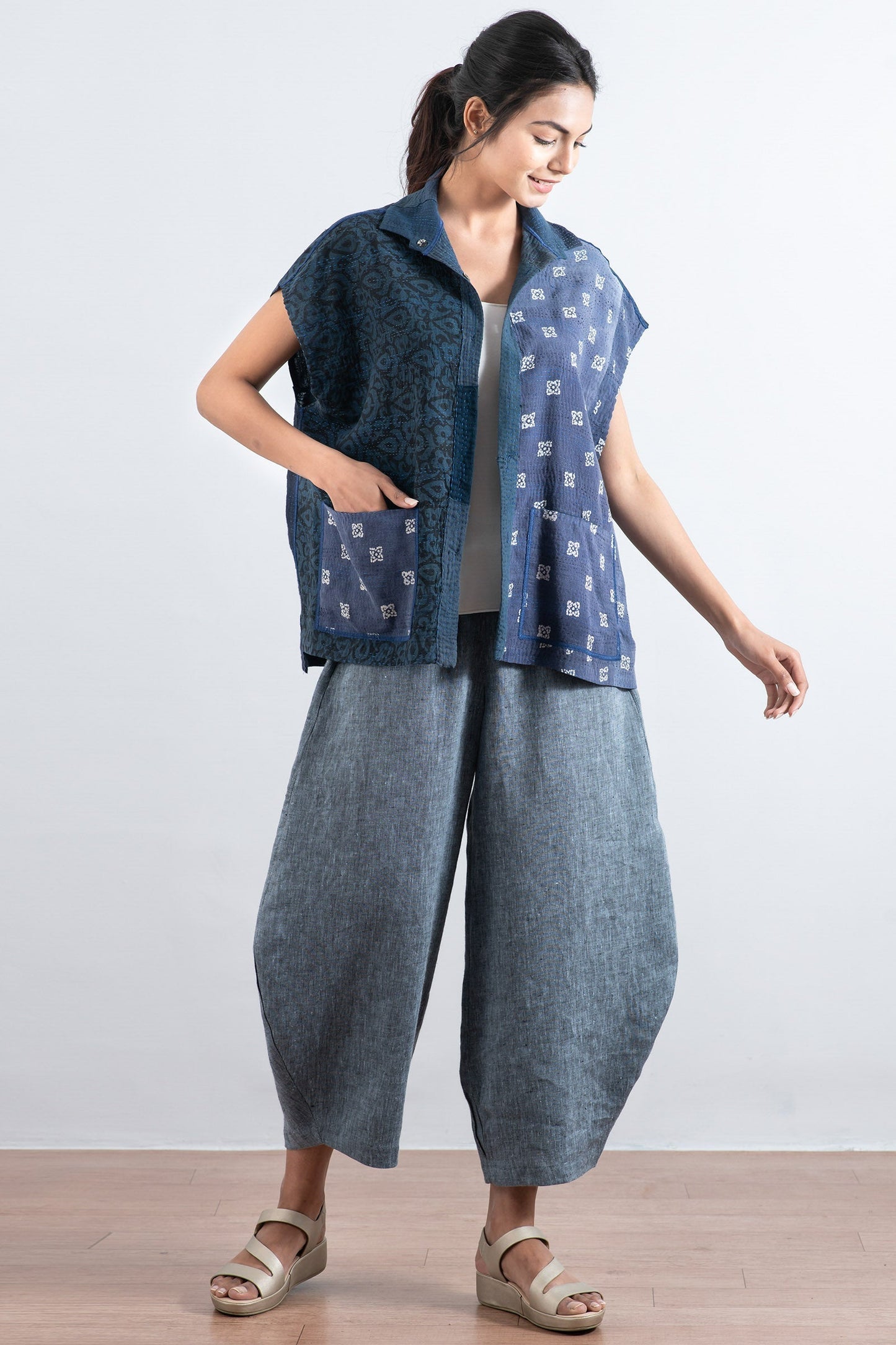 FRAYED PATCH KANTHA CAP SLV. SHIRT - fi2530-nvy -