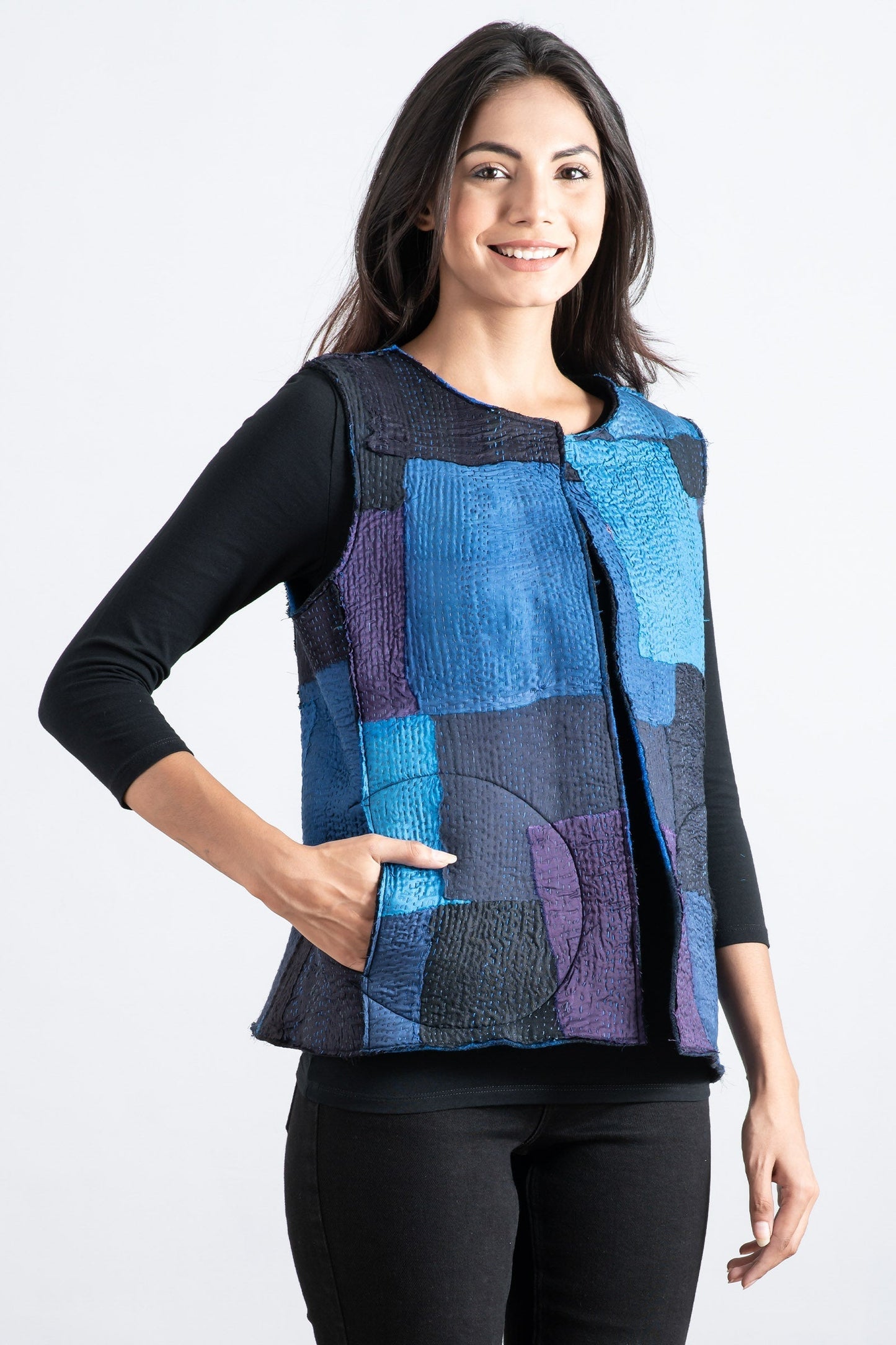 BOILED WOOL KANTHA CREW NECK FITTED VEST - wb2228-blu -