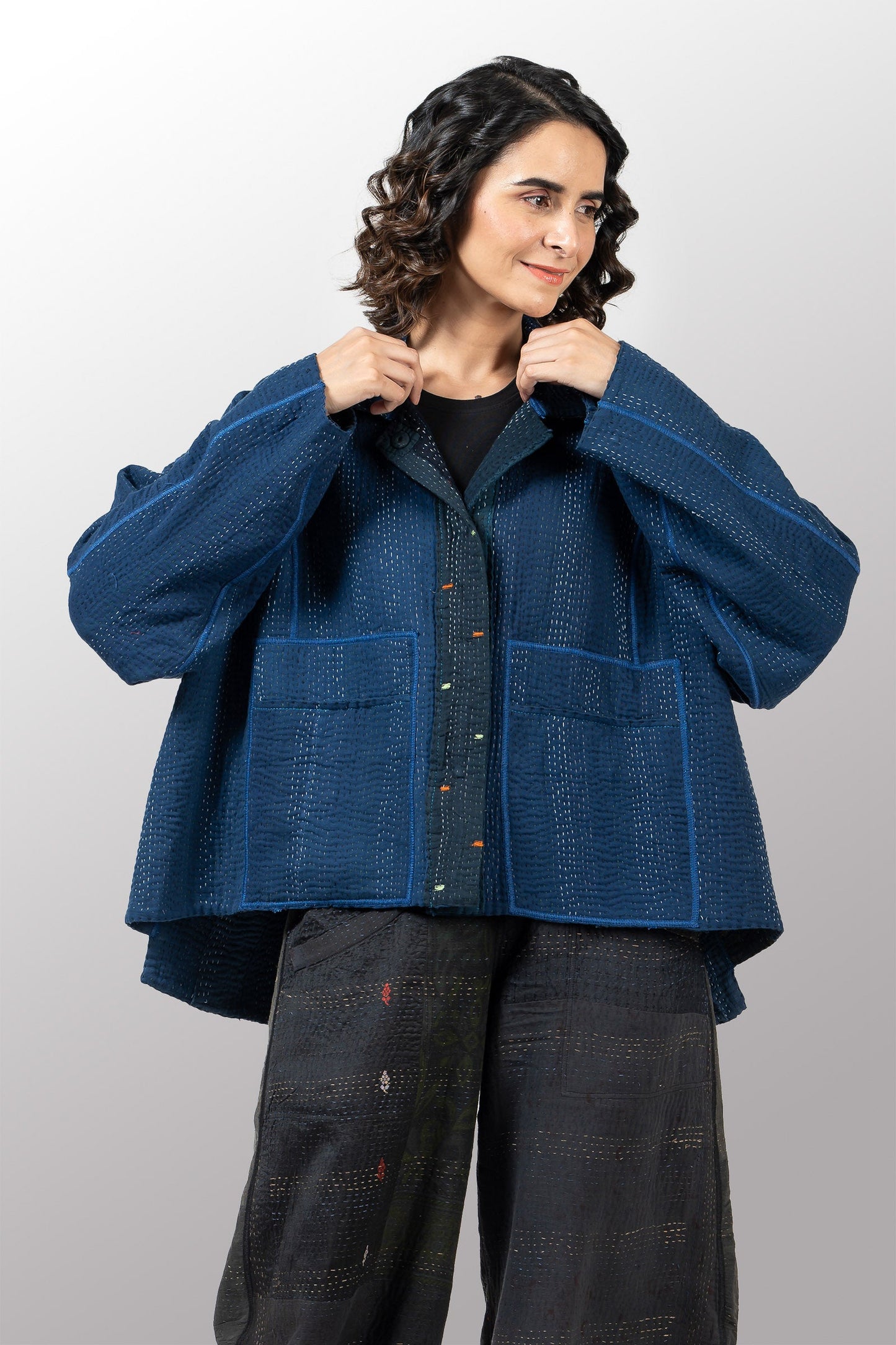 COTTON STRIPE PATCH KANTHA CROPPED SHIRT JACKET - cs4075-nvy -