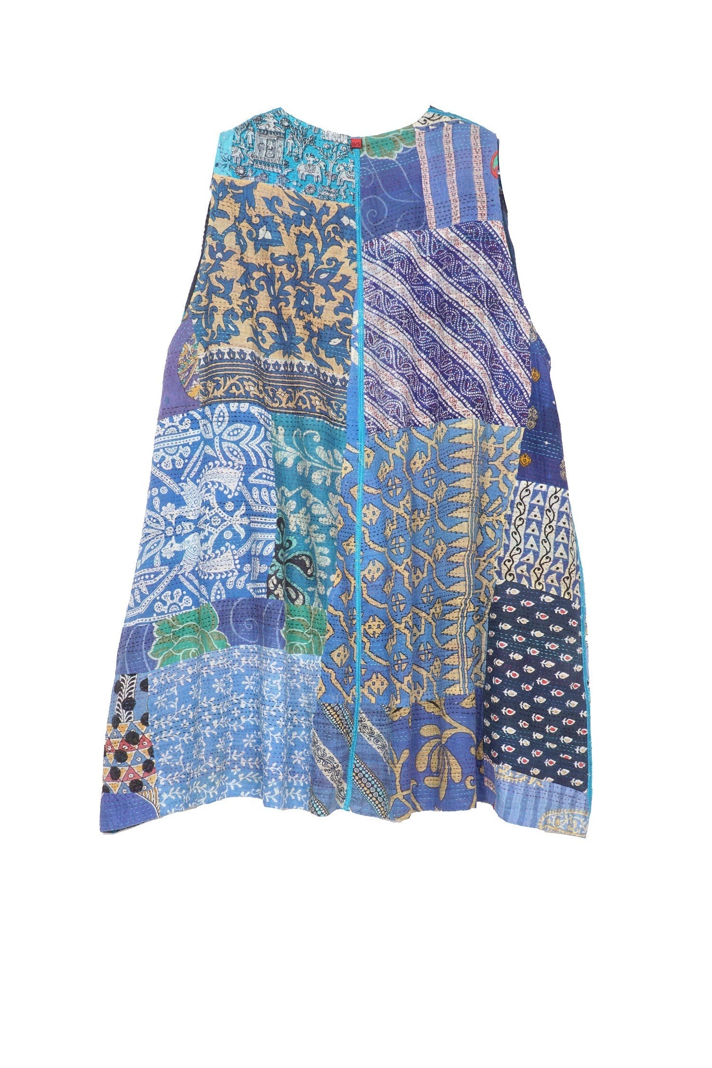 PATCH & CIRCLE PRINT KANTHA BELL SHAPE LONG VEST - pc2225-blu -