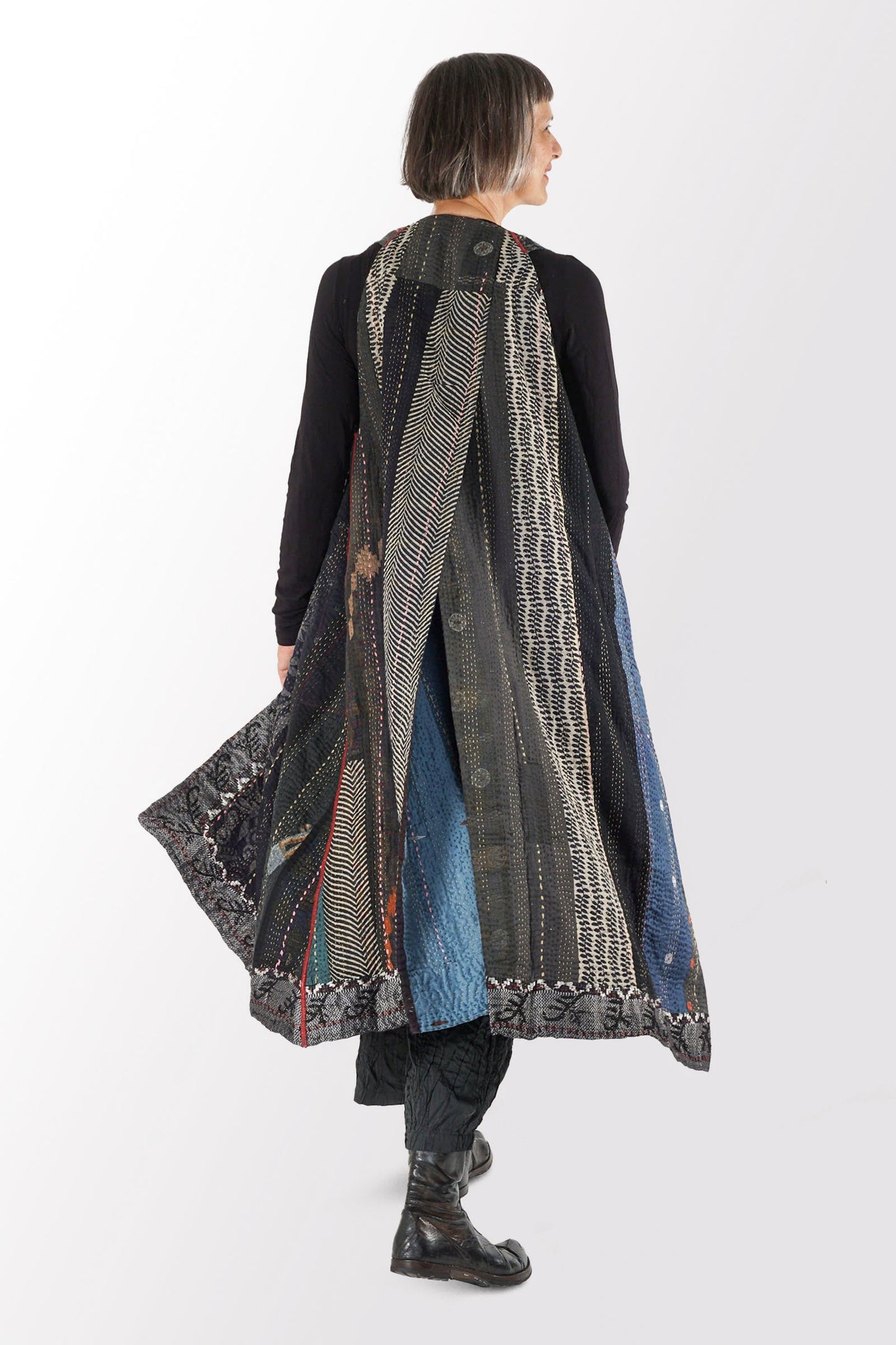 STRIPE RALLIS KANTHA BACK PLEATED VEST MAXI - pr4222-blk -