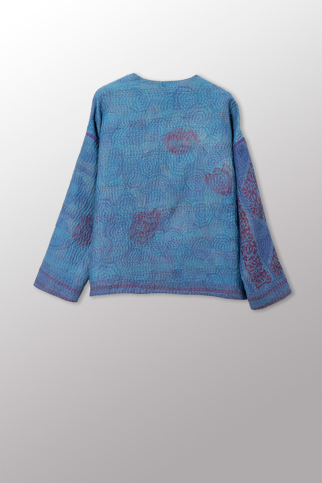 VINTAGE SILK GEORGETTE COTTON KANTHA CREW NECK SHORT JACKET - gc4053-0001a -