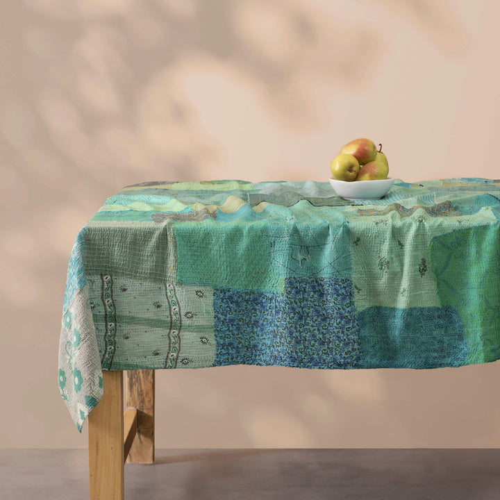 Printed Fray Vintage Cotton Kantha Table Cover - Sage