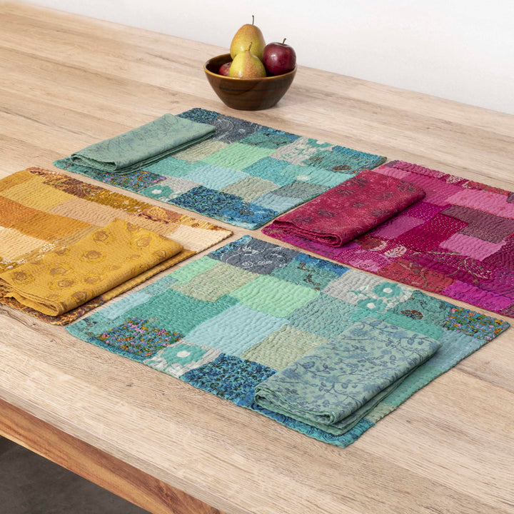 Printed Fray Patch  Kantha Placemats - Golden (Set of 2)