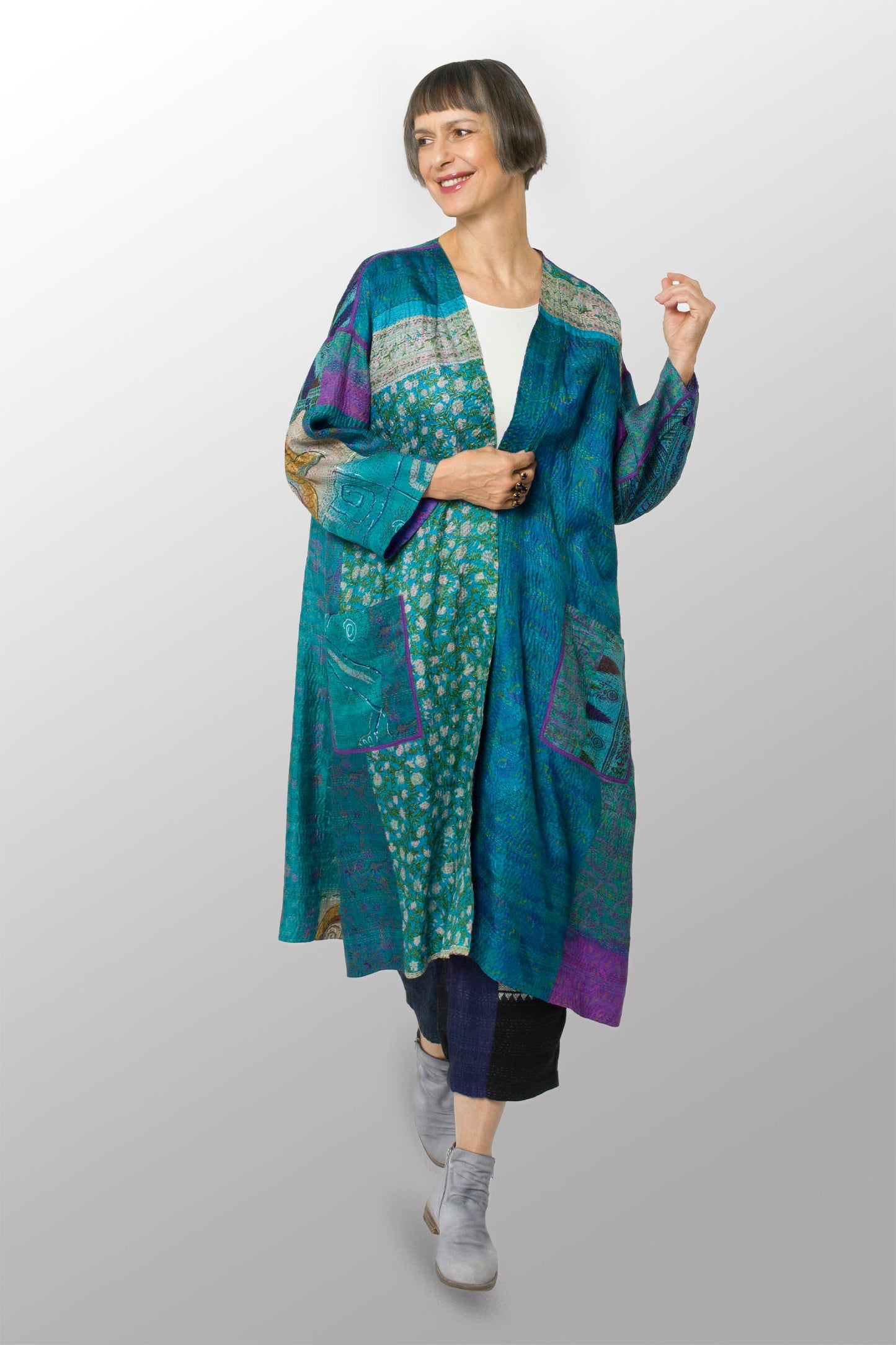 VINTAGE SILK KANTHA LONG DUSTER - sv2328-0008a -