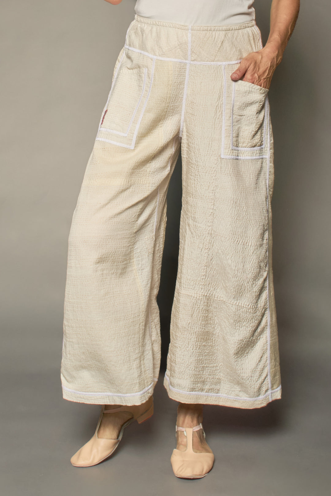 JAIPUR WHITE KANTHA MID RISE WIDE LEG PANTS - jw2665-ivy -