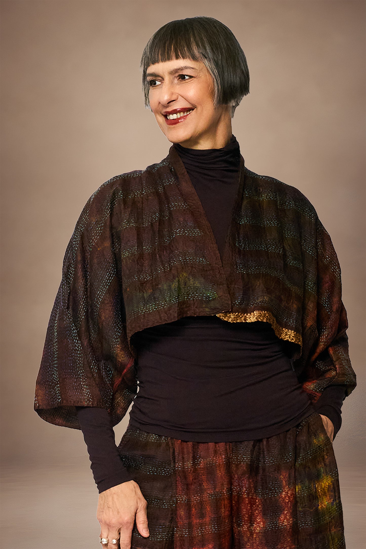 TIE DYE VINTAGE SILK KANTHA PUFF SLV. SHRUG - st-sv2062-brn -