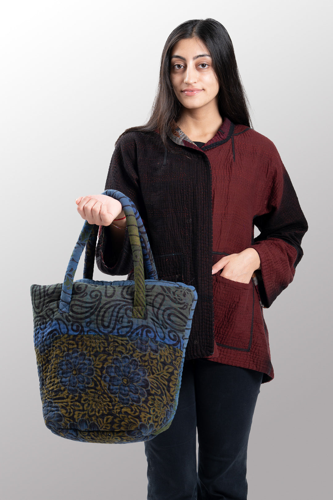 Quilted Overdye Cotton Kantha Bucket Tote 