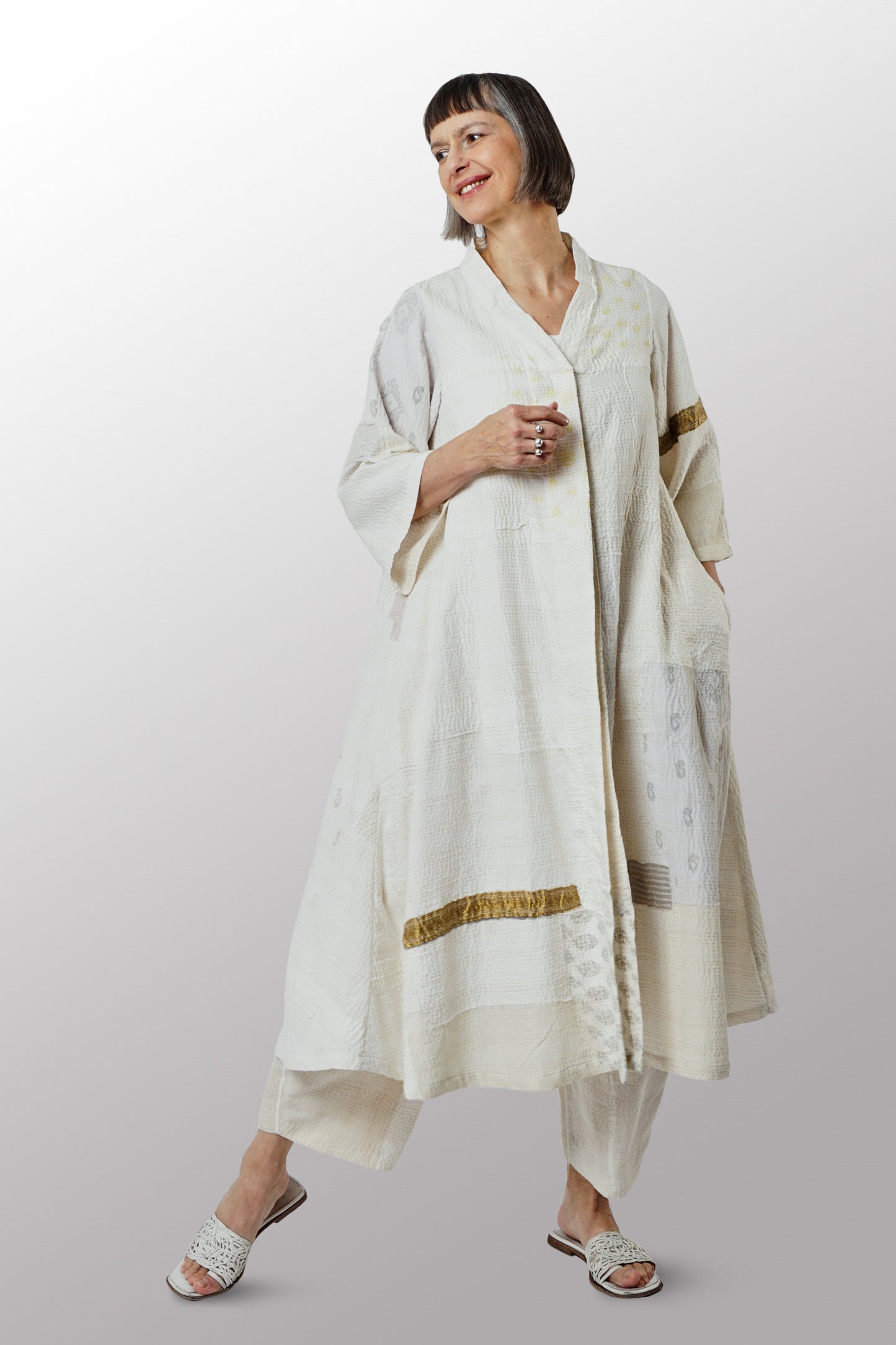 FRAYED PATCH KANTHA V-NECK FLARE SLEEVE DRESS - fi2445-ivy -