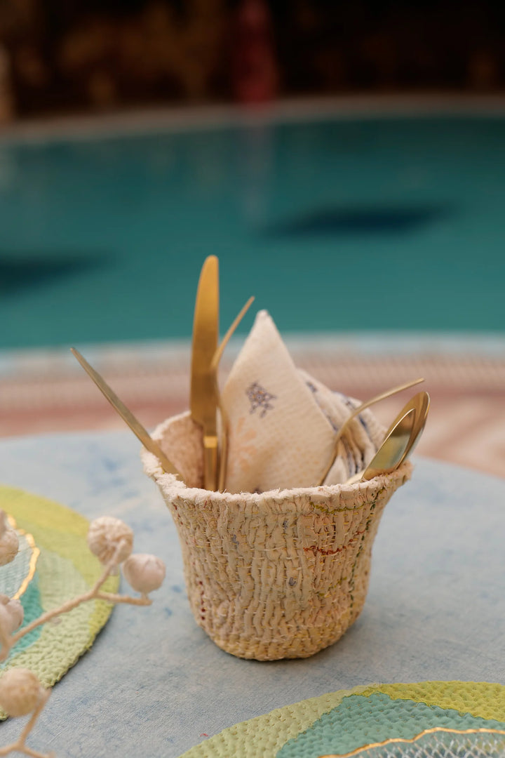 Handcrafted Kantha (metallic kantha) Deep Bowl-Ivory