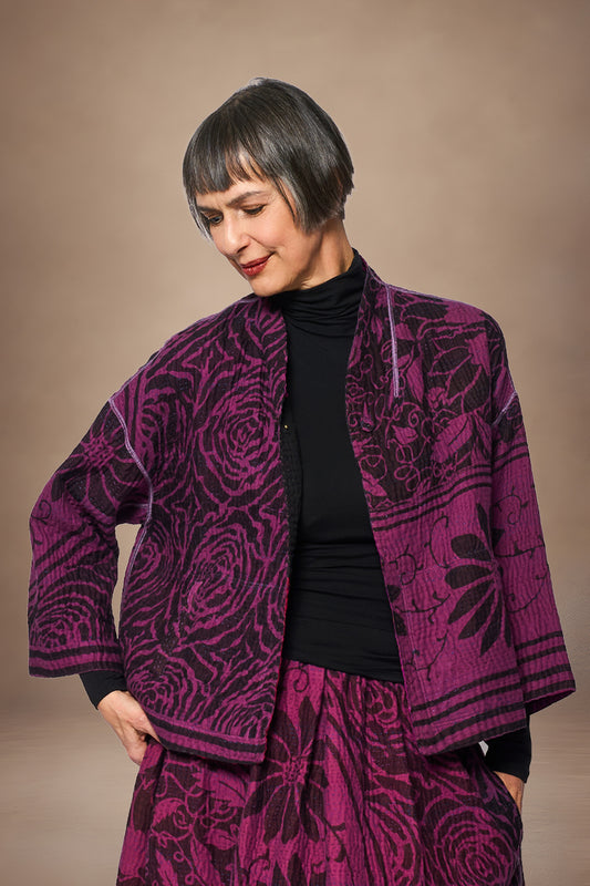 AMETHYST COTTON SILK KANTHA STAND COLLAR CROPPED JACKET - oc4034-prp -