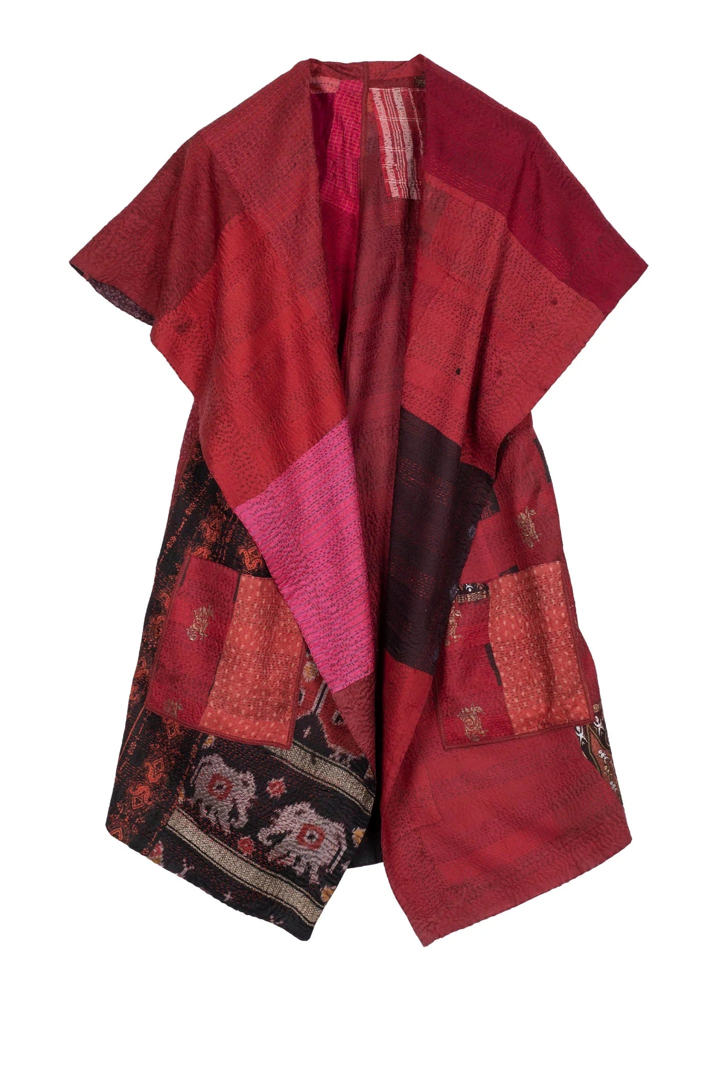 VINTAGE SILK PATCH KANTHA CIRCULAR VEST - vp2201-red -