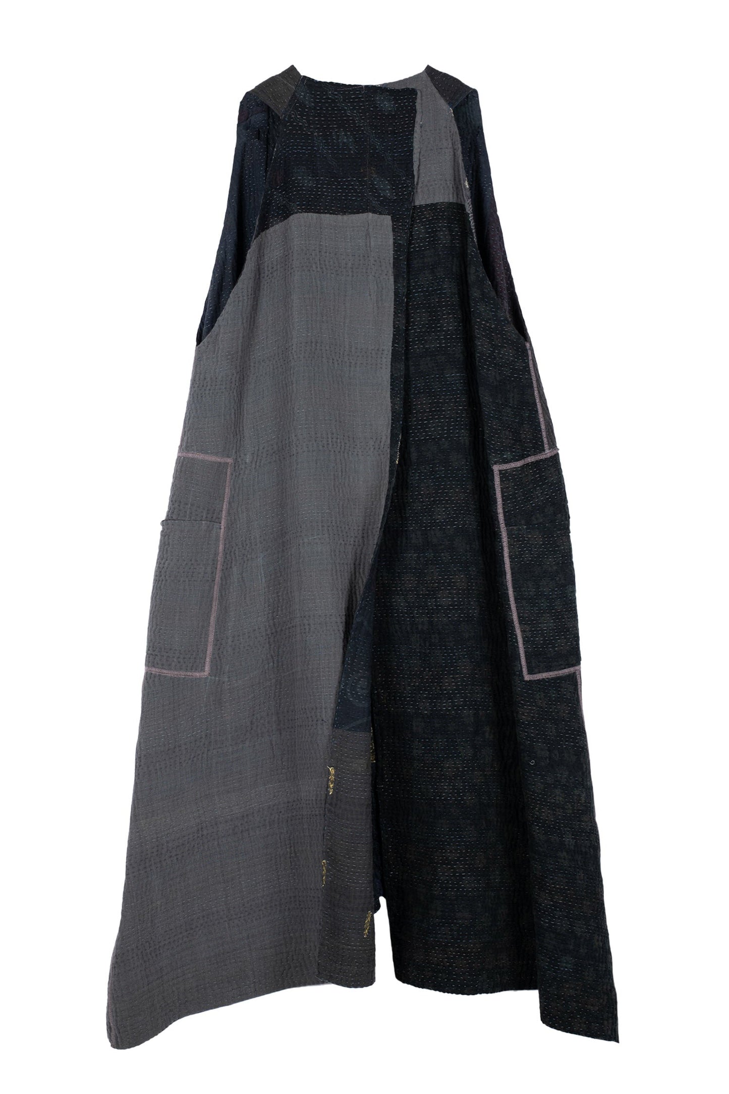 COTTON SILK SW PATCH KANTHA BACK PLEATED VEST MAXI - ws4222-blk -