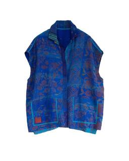 GEORGETTE VINTAGE SILK PATCH KANTHA CAP SLV. SHIRT - gs2530-blu -