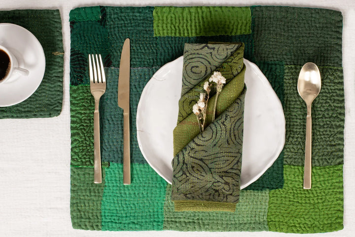 Landscape Fray Patch Vintage Kantha Placemat - Green (Set of 2)