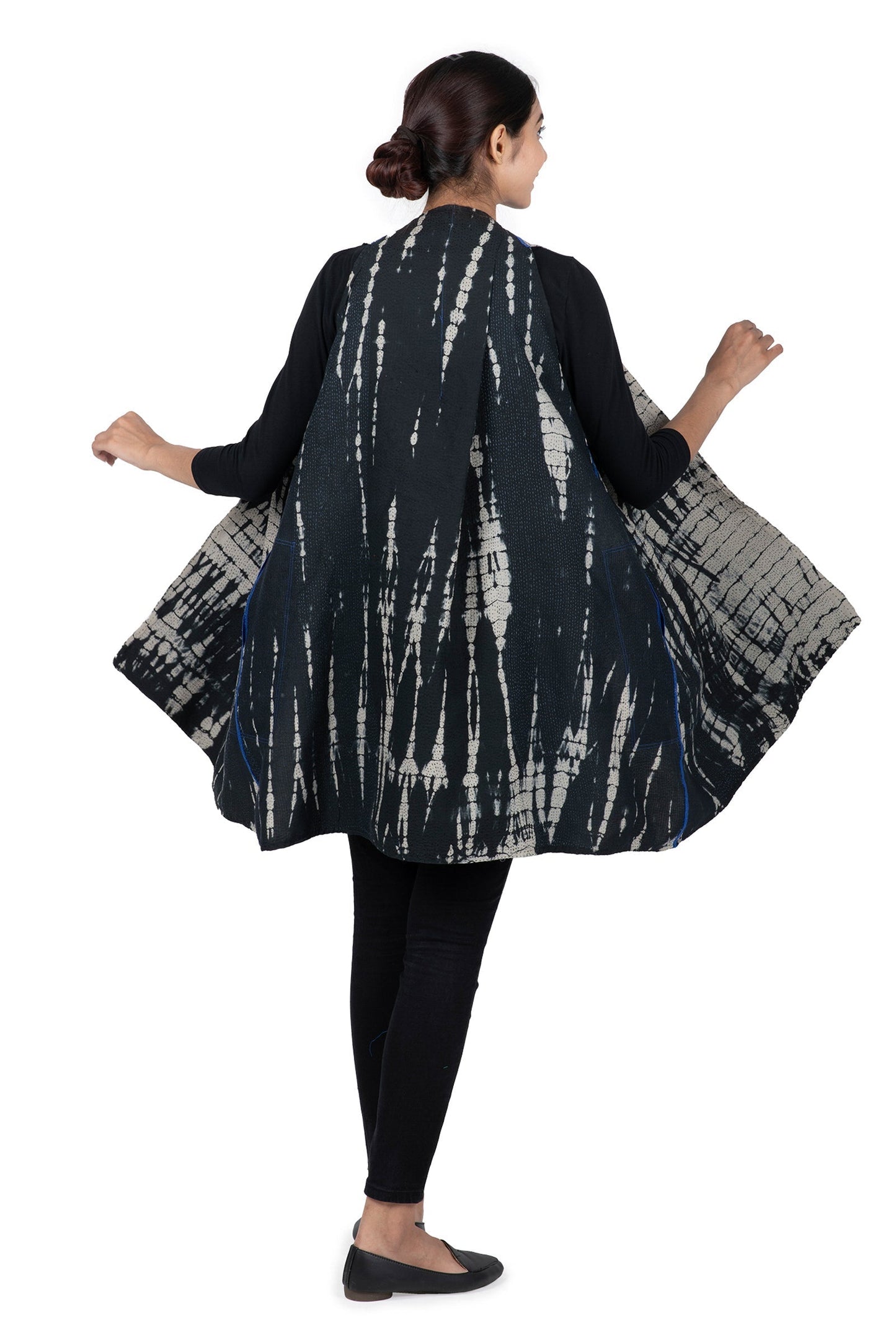 SERPENT PRINT KANTHA BACK PLEATED VEST - sp2221-blk -