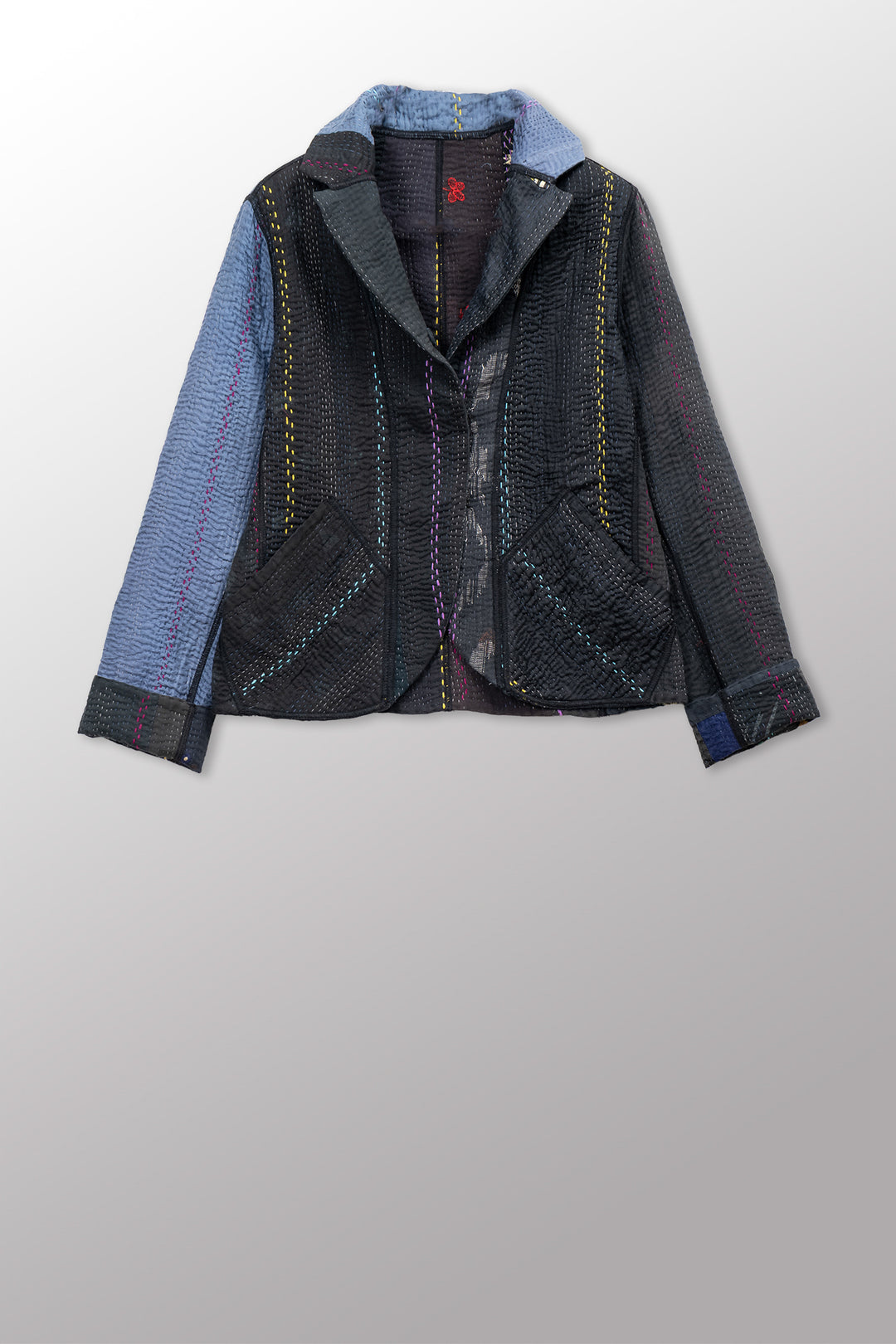 JEWEL WOVEN WITH VERTICAL PATCH KANTHA CROPPED BASIC JACKET - jv4096-blk -
