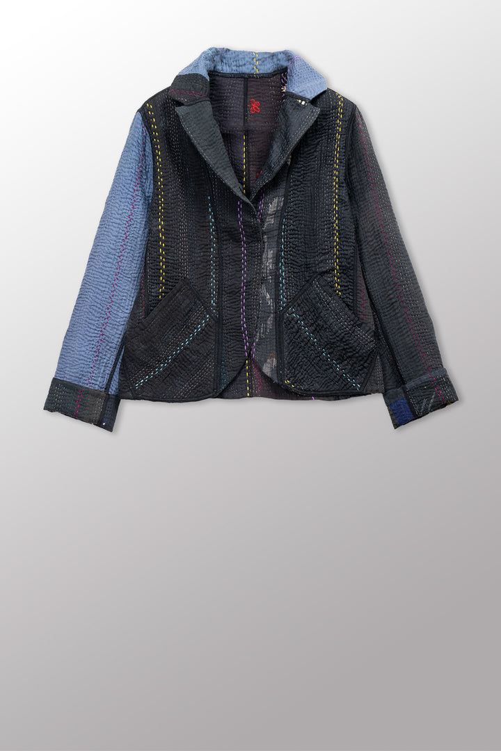 JEWEL WOVEN WITH VERTICAL PATCH KANTHA CROPPED BASIC JACKET - jv4096-blk -