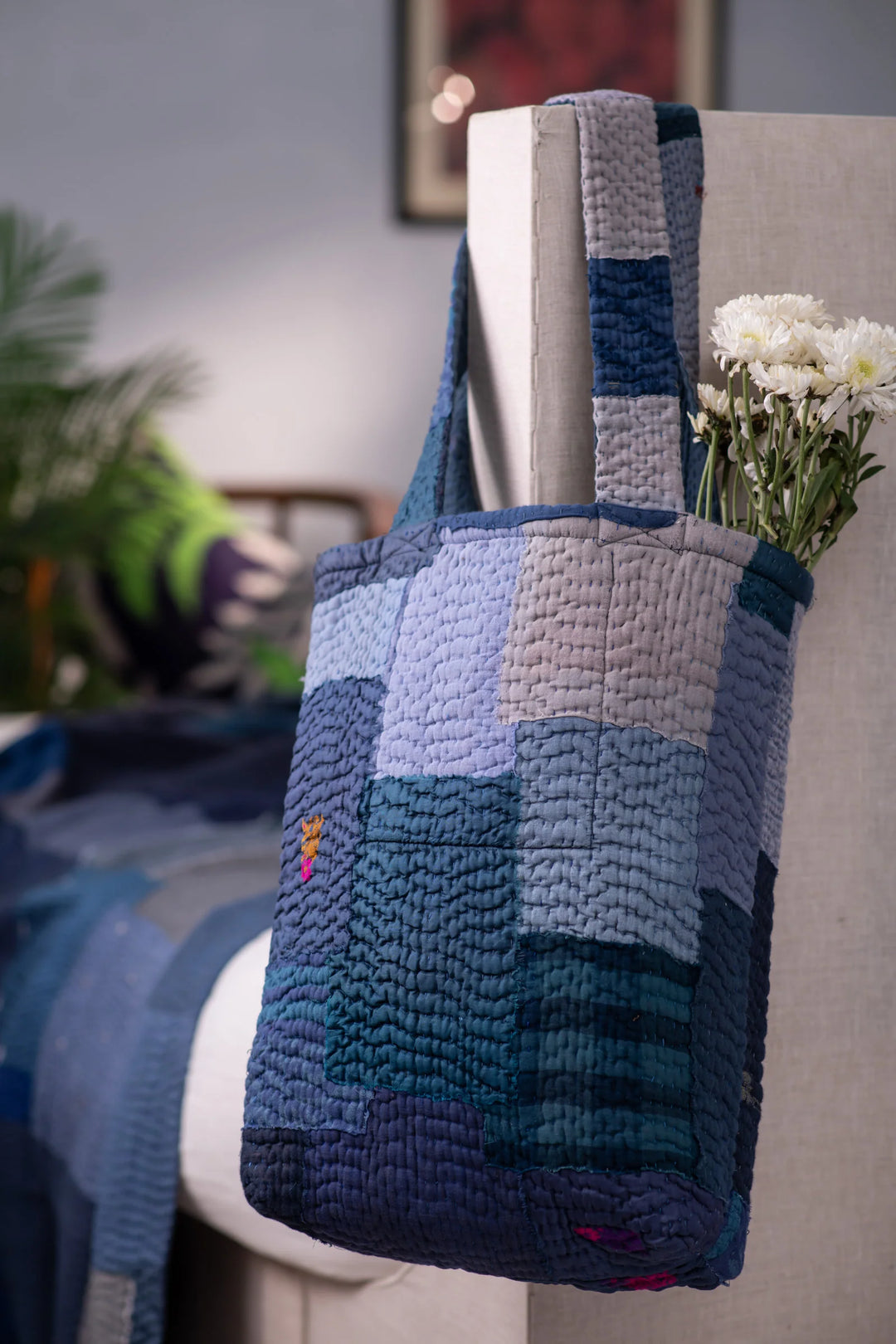 Landscape Handmade Vintage Kantha Tote Bag -Navy