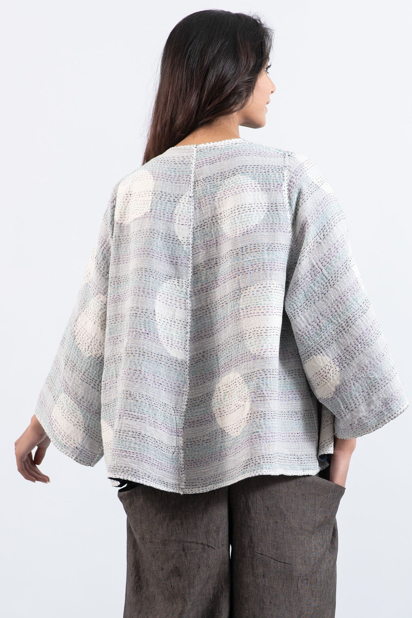 CUT THROUGH DOT AND HOLES KANTHA BELL SHAPE JKT - cd2048-blu -