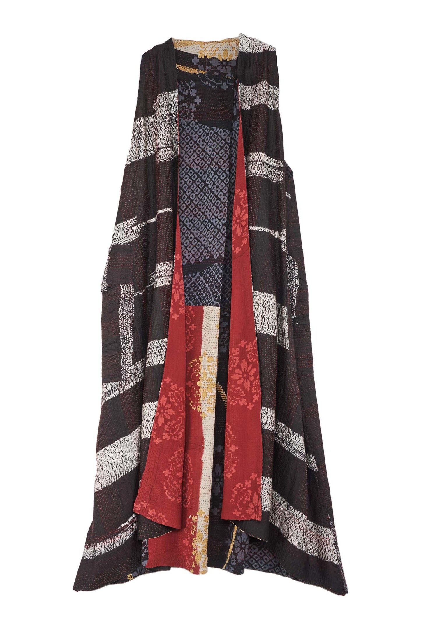 KIMONO PRINT KANTHA BACK PLEATED VEST MAXI - kp2222-blk -