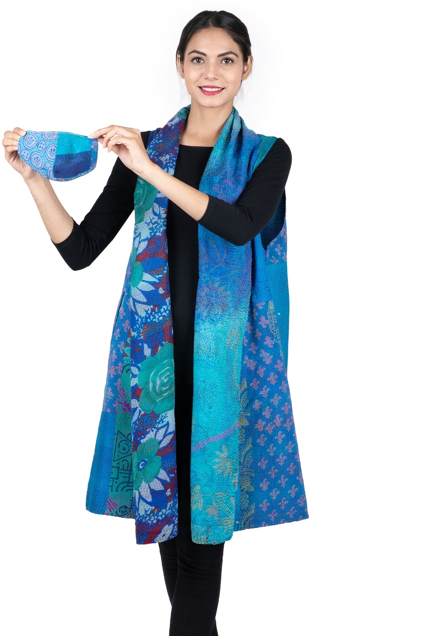 GEORGETTE VINTAGE SILK PATCH KANTHA SHAWL COLLAR VEST - gs2235-blu -