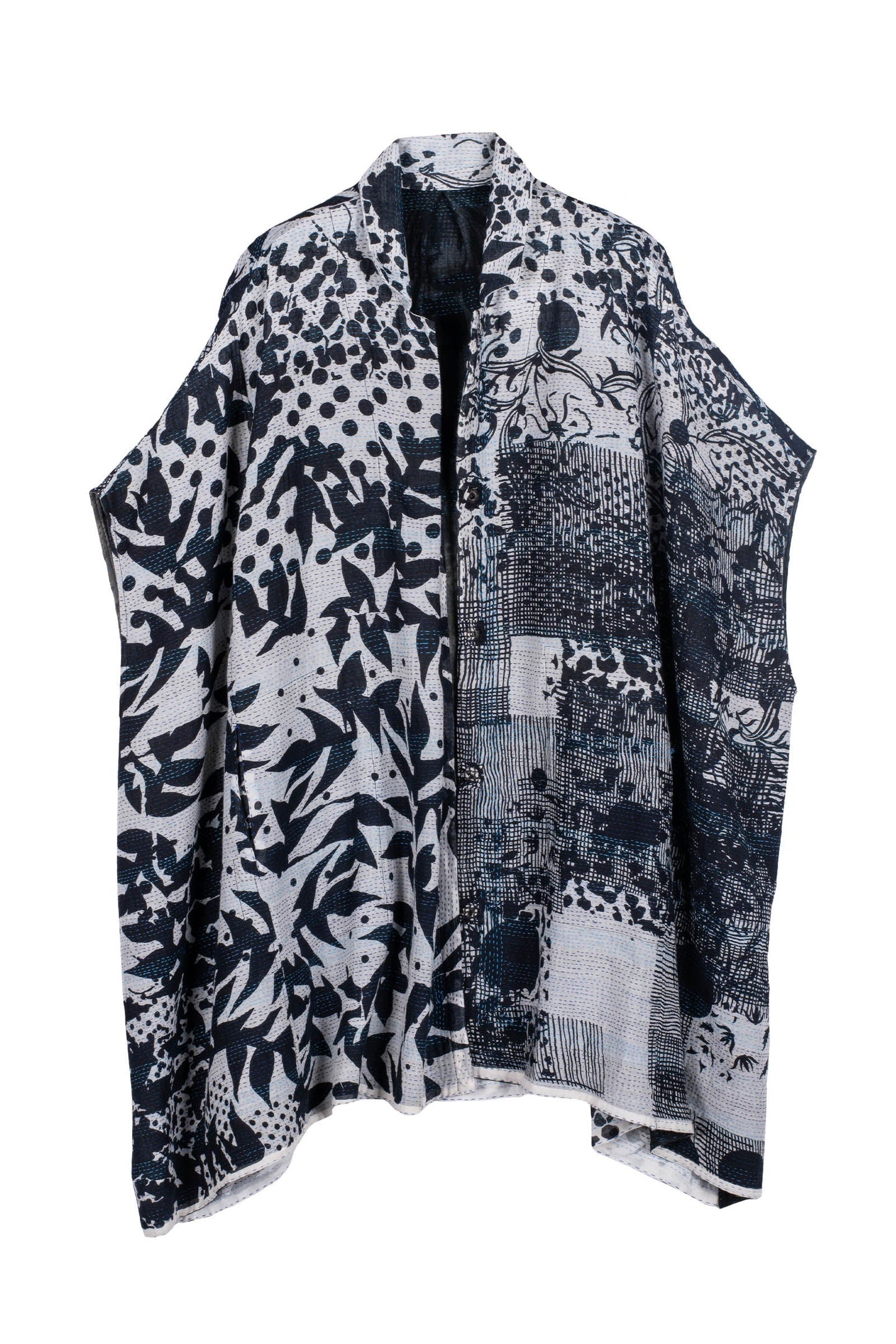 MONOTONE TWILIGHT PRINT KANTHA SHIRT PONCHO - tp2545-wht -